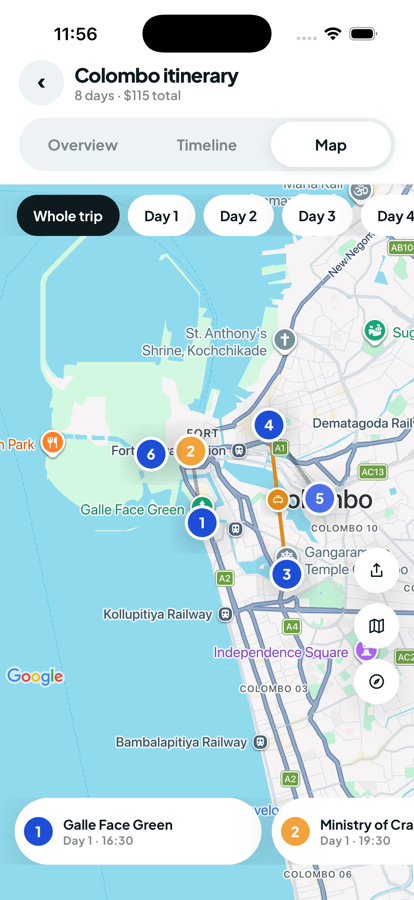 The same trip on the map, numbered stops joined by a route