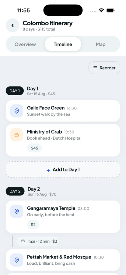 A Colombo itinerary in TaproGuide, day by day with costs